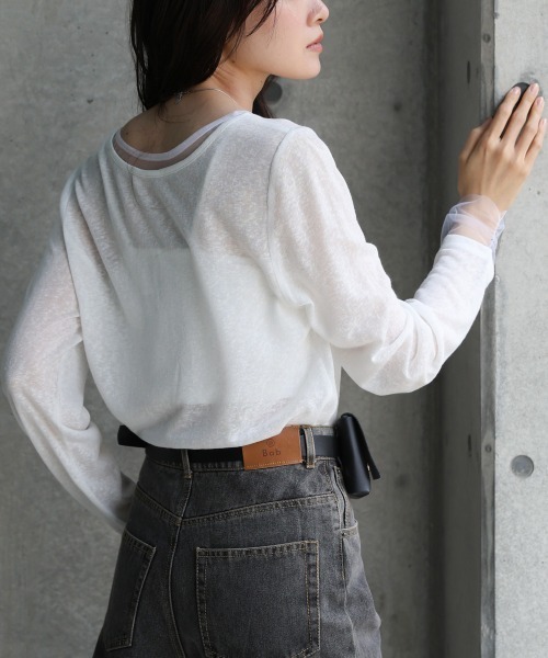 Bab(バブ)の「【1枚でもインナー使いにもおすすめ】チュールレイヤード風カットソー(Tシャツ/カットソー・レディース・ベージュ/オフホワイト/グレー・M)」の4枚目の写真
