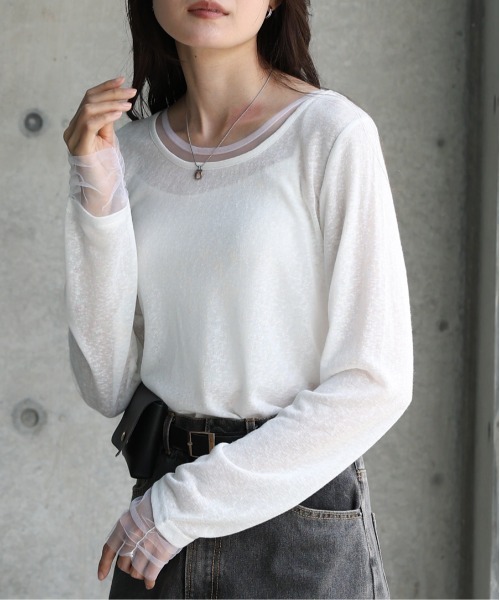 Bab(バブ)の「【1枚でもインナー使いにもおすすめ】チュールレイヤード風カットソー(Tシャツ/カットソー・レディース・ベージュ/オフホワイト/グレー・M)」の6枚目の写真
