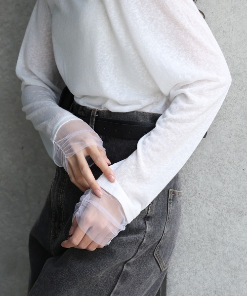 Bab(バブ)の「【1枚でもインナー使いにもおすすめ】チュールレイヤード風カットソー(Tシャツ/カットソー・レディース・ベージュ/オフホワイト/グレー・M)」の7枚目の写真