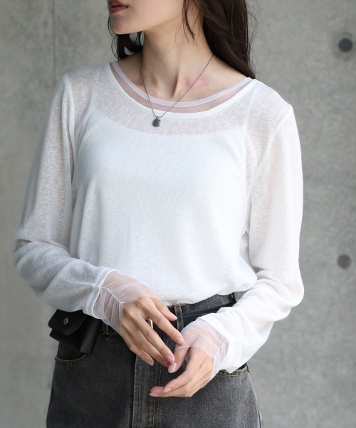 Bab(バブ)の「【1枚でもインナー使いにもおすすめ】チュールレイヤード風カットソー(Tシャツ/カットソー・レディース・ベージュ/オフホワイト/グレー・M)」の8枚目の写真