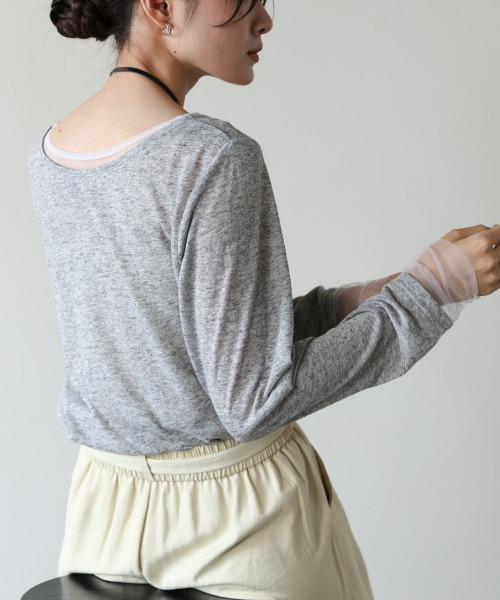 Bab(バブ)の「【1枚でもインナー使いにもおすすめ】チュールレイヤード風カットソー(Tシャツ/カットソー・レディース・ベージュ/オフホワイト/グレー・M)」の12枚目の写真