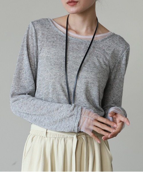 Bab(バブ)の「【1枚でもインナー使いにもおすすめ】チュールレイヤード風カットソー(Tシャツ/カットソー・レディース・ベージュ/オフホワイト/グレー・M)」の15枚目の写真