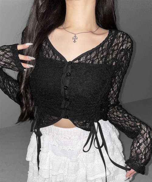 me+em select(ミームセレクト)の「【 2color 】ダブルシャーリングショートレースカーディガン / double shirring short lace cardigan(カーディガン/ボレロ・レディース・ホワイト/ブラック・FREE)」の2枚目の写真