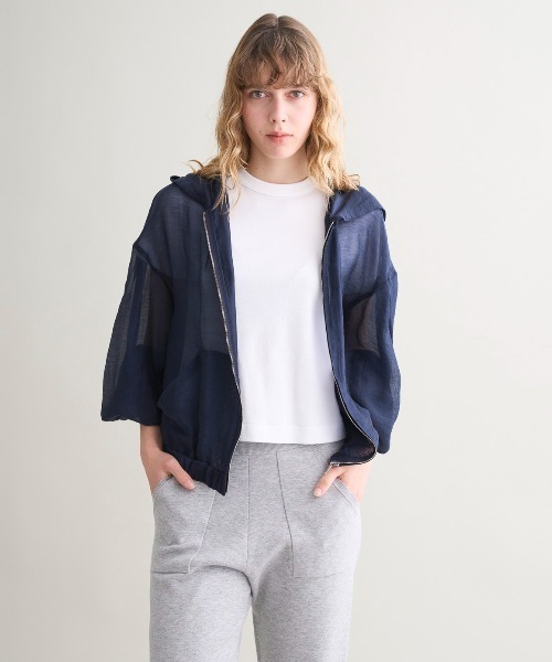 three dots（スリードッツ）の「Shiny shirt zip up hoody（パーカー・レディース・ホワイト/ベージュ/ネイビー/グレー/ブラウン系その他・SMALL）」の5枚目の写真