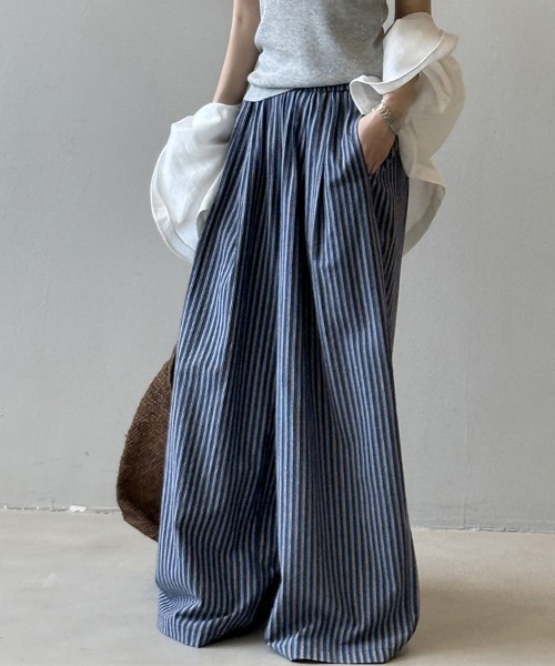 ONEP STAR(ワンピスター)の「ワイドシルエットストライプパンツ(その他パンツ・レディース・ネイビー/ベージュ・MEDIUM/LARGE/X-LARGE)」の5枚目の写真