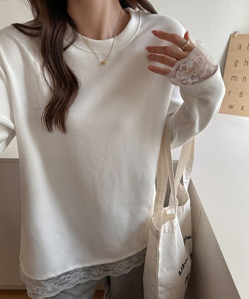 Girly Doll(ガーリードール)の「レース付きクルーネックカットソー(Tシャツ/カットソー・レディース・ホワイト/ブラック・S/M/L)」の4枚目の写真