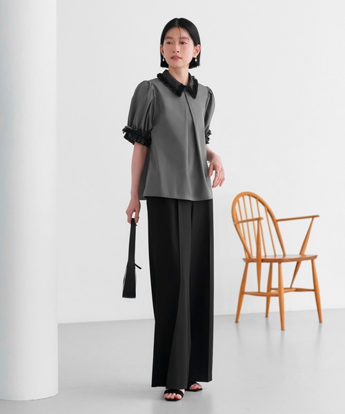 RUIRUE BOUTIQUE(ルイルエブティック)の「洗える | ドット チュール ・ フリル オーバーブラウス | トップス・ブラウス・シャツ・半袖ブラウス・きれいめブラウス・オフィスカジュアルブラウス・フリルブラウス(シャツ/ブラウス・レディース・ホワイト×ホワイト/グレー系1/ブラック×ホワイト/ホワイト×ブラック・L/M)」の15枚目の写真