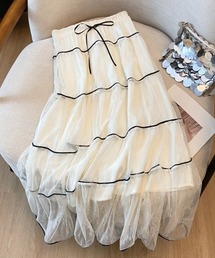 配色ラインティアードチュールロングスカート
