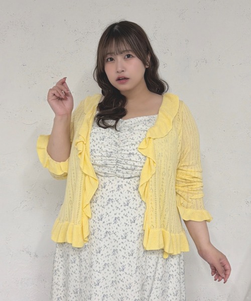OHGA フリルカーディガン セール】【Louiosy】【大きいサイズ】透かし編みフリルカーディガン+