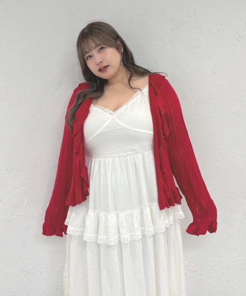 Louiosy(ルオシー)の「【Louiosy】【大きいサイズ】透かし編みフリルカーディガン+キャミセット(カーディガン/ボレロ・レディース・イエロー/レッド/ライトブルー・4L/3L/X-LARGE)」の5枚目の写真