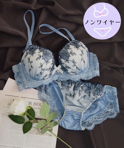 【ノンワイヤー/ラクして整う！ストレスフリーで上品なフィット感♪】上下セット/M-LL/脇高シックローズ刺繍