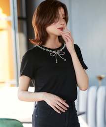 洗える ストレッチ | ドレスTシャツ ( ビジュー リボン ) | トップス・Tシャツ・カットソー・半袖Tシャツ・きれいめTシャツ・白Tシャツ