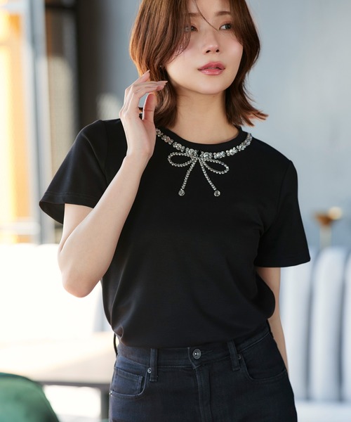 RUIRUE BOUTIQUE(ルイルエブティック)の「洗える ストレッチ | ドレスTシャツ ( ビジュー リボン ) | トップス・Tシャツ・カットソー・半袖Tシャツ・きれいめTシャツ・白Tシャツ(Tシャツ/カットソー・レディース・ブラック/ホワイト/ピンク・L/M)」の19枚目の写真