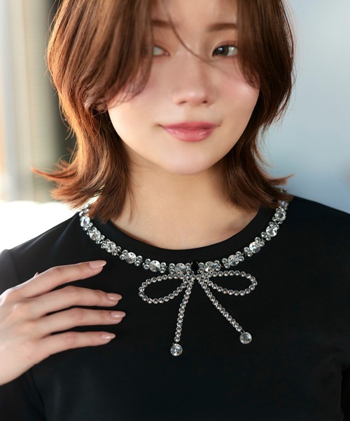 RUIRUE BOUTIQUE(ルイルエブティック)の「洗える ストレッチ | ドレスTシャツ ( ビジュー リボン ) | トップス・Tシャツ・カットソー・半袖Tシャツ・きれいめTシャツ・白Tシャツ(Tシャツ/カットソー・レディース・ブラック/ホワイト/ピンク・L/M)」の20枚目の写真