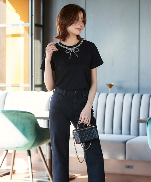 RUIRUE BOUTIQUE(ルイルエブティック)の「洗える ストレッチ | ドレスTシャツ ( ビジュー リボン ) | トップス・Tシャツ・カットソー・半袖Tシャツ・きれいめTシャツ・白Tシャツ(Tシャツ/カットソー・レディース・ブラック/ホワイト/ピンク・L/M)」の22枚目の写真