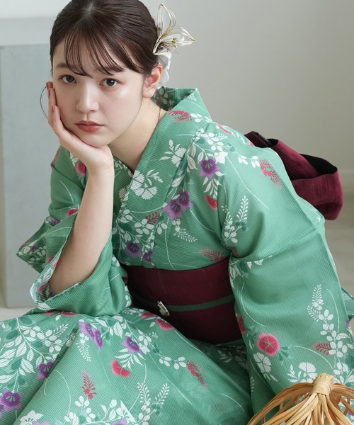 【新品】Utatane 浴衣3点セット グリーン 浴衣3点セット 綿絽 緑青色に桔梗なでしこ（浴衣）｜utatane（ウタタネ