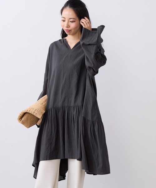 normment(ノーメント)の「【normment】ストライプフレアチュニック-STRIPE JQD FLARE TUNIC(チュニック・レディース・チャコールグレー/ホワイト・FREE)」の1枚目の写真