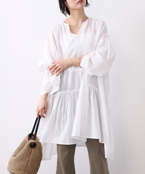 normment(ノーメント)の「【normment】ストライプフレアチュニック-STRIPE JQD FLARE TUNIC(チュニック・レディース・チャコールグレー/ホワイト・FREE)」の3枚目の写真
