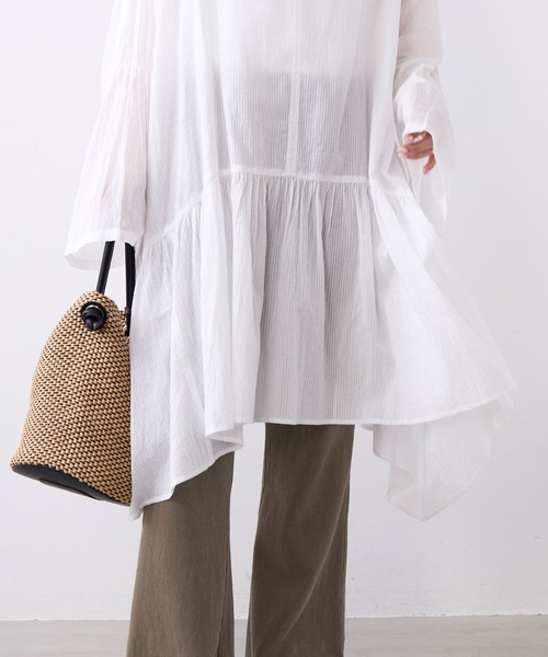 normment(ノーメント)の「【normment】ストライプフレアチュニック-STRIPE JQD FLARE TUNIC(チュニック・レディース・チャコールグレー/ホワイト・FREE)」の4枚目の写真