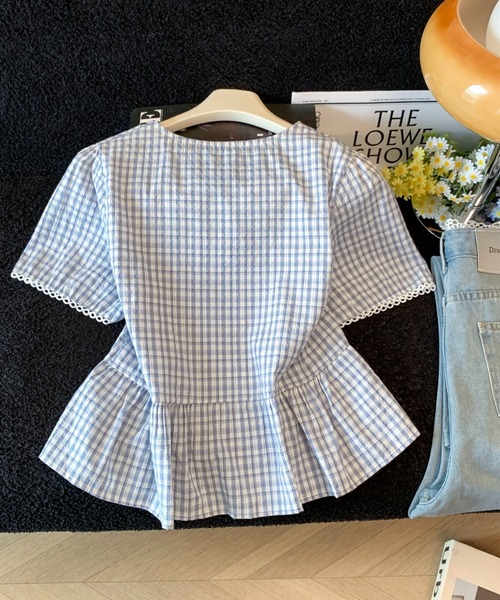 LUCPY(ラクピー)の「ギンガムチェックペプラムブラウス(シャツ/ブラウス・レディース・ネイビー/ブルー・LARGE/MEDIUM/SMALL)」の3枚目の写真