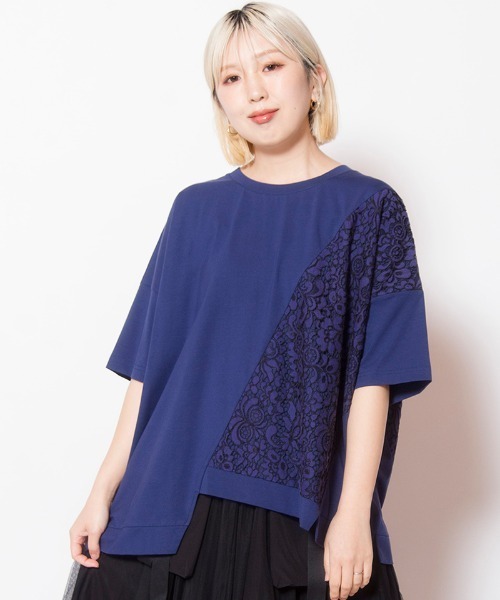 OSMOSIS(オズモーシス)の「レース切替Tシャツ(Tシャツ/カットソー・レディース・ネイビー/ホワイト/ブラック・ONE SIZE)」の1枚目の写真