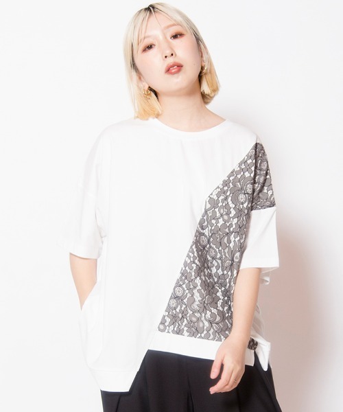 OSMOSIS(オズモーシス)の「レース切替Tシャツ(Tシャツ/カットソー・レディース・ネイビー/ホワイト/ブラック・ONE SIZE)」の2枚目の写真