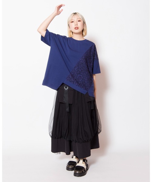 OSMOSIS(オズモーシス)の「レース切替Tシャツ(Tシャツ/カットソー・レディース・ネイビー/ホワイト/ブラック・ONE SIZE)」の4枚目の写真