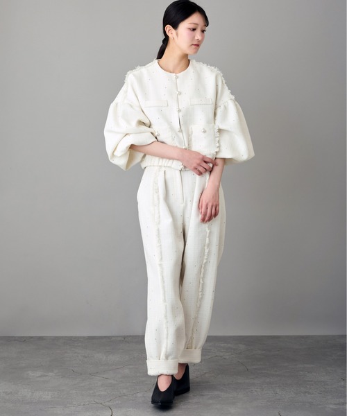Ranerrh（ラネリ）の「スパンコールツイードタックパンツ【結婚式・二次会・パーティー】【入卒園・入卒式】【オケージョン・セレモニー】【パンツスタイルウエディング】（スラックス・レディース・オフホワイト/ブラック・38）」の9枚目の写真