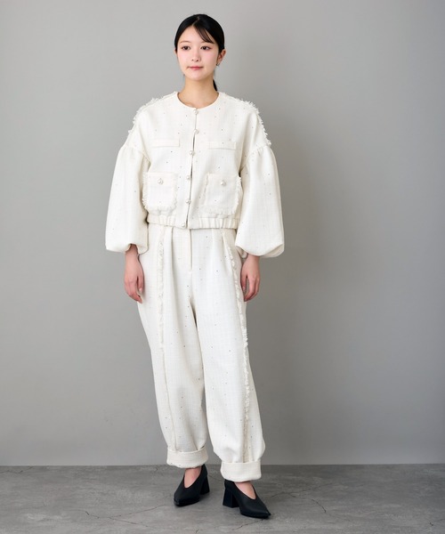 Ranerrh（ラネリ）の「スパンコールツイードタックパンツ【結婚式・二次会・パーティー】【入卒園・入卒式】【オケージョン・セレモニー】【パンツスタイルウエディング】（スラックス・レディース・オフホワイト/ブラック・38）」の10枚目の写真