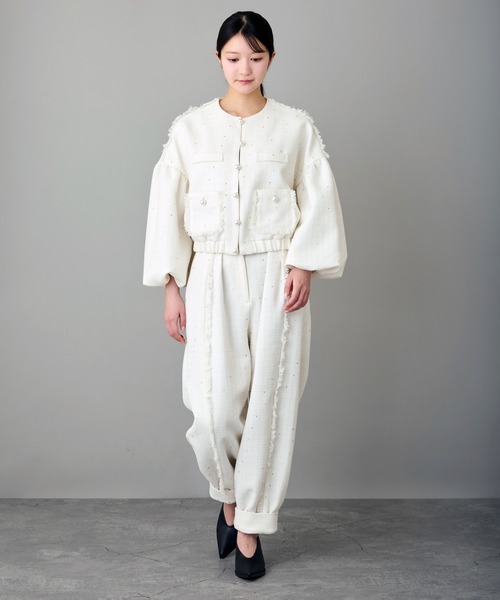 Ranerrh（ラネリ）の「スパンコールツイードタックパンツ【結婚式・二次会・パーティー】【入卒園・入卒式】【オケージョン・セレモニー】【パンツスタイルウエディング】（スラックス・レディース・オフホワイト/ブラック・38）」の18枚目の写真