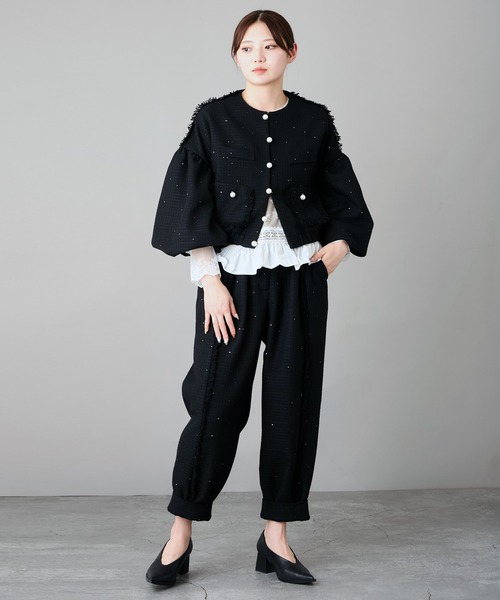 Ranerrh（ラネリ）の「スパンコールツイードタックパンツ【結婚式・二次会・パーティー】【入卒園・入卒式】【オケージョン・セレモニー】【パンツスタイルウエディング】（スラックス・レディース・オフホワイト/ブラック・38）」の14枚目の写真