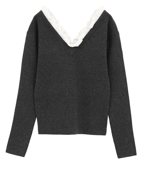 CLANE(クラネ)の「【CLANE】2WAY FRILL V NECK KNIT TOPS(ニット/セーター・レディース・ブラック/ベージュ/グレー・1)」の1枚目の写真
