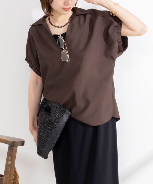 NOLLEY’S（ノーリーズ）の「【BECシリーズ】ウォッシャブルオーガンジースキッパーシャツ（シャツ/ブラウス・レディース・イエロー/オフホワイト/ダークブラウン・38）」の3枚目の写真