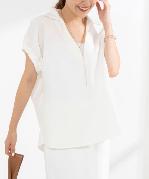 NOLLEY’S（ノーリーズ）の「【BECシリーズ】ウォッシャブルオーガンジースキッパーシャツ（シャツ/ブラウス・レディース・イエロー/オフホワイト/ダークブラウン・38）」の2枚目の写真