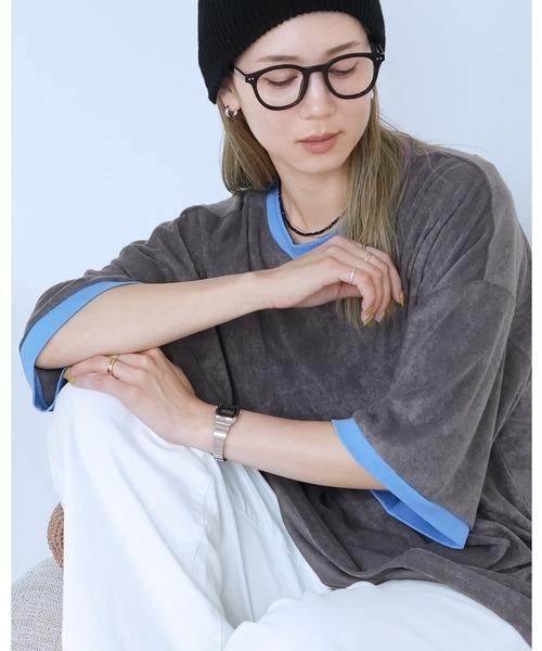 reca(レカ)の「パイルリンガーBIGTシャツ(Tシャツ/カットソー・レディース・チャコールグレー/イエロー/ブルー・M)」の1枚目の写真