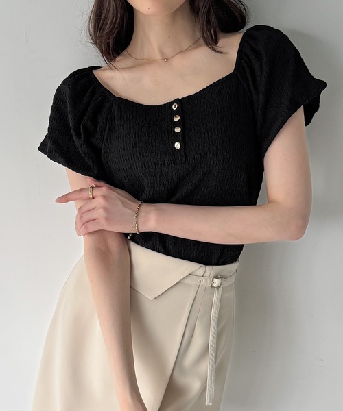 junoah(ジュノア)の「ヘンリーネックパフスリーブジャガードカットソー(Tシャツ/カットソー・レディース・アイボリー/ブラック/ネイビー・MEDIUM/SMALL/LARGE)」の7枚目の写真