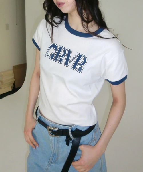 GRVRGROVE(グローブ)の「ESSENCE RINGER T-SHIRT(Tシャツ/カットソー・レディース・ブルー/アイボリー/PINK・フリー)」の1枚目の写真