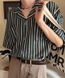 【NOWLE】ジャガードストライプ オープンカラー半袖シャツ / ヴィンテージライク テクスチャー 編み トップス