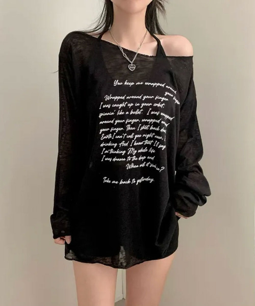 VIVID LADY(ビビッドレディー)の「レタリングプリント ボートネック シアー 長袖トップス(Tシャツ/カットソー・レディース・ブラック/グレー/アイボリー/ベージュ・FREE)」の13枚目の写真
