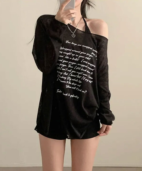 VIVID LADY(ビビッドレディー)の「レタリングプリント ボートネック シアー 長袖トップス(Tシャツ/カットソー・レディース・ブラック/グレー/アイボリー/ベージュ・FREE)」の14枚目の写真