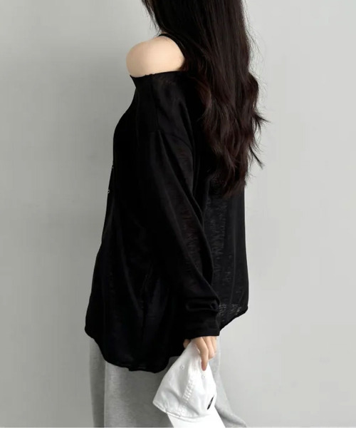 VIVID LADY(ビビッドレディー)の「レタリングプリント ボートネック シアー 長袖トップス(Tシャツ/カットソー・レディース・ブラック/グレー/アイボリー/ベージュ・FREE)」の16枚目の写真