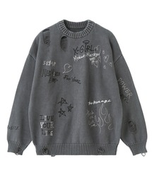 GRAFFITI LOGO DISTRESSED KNIT TOP