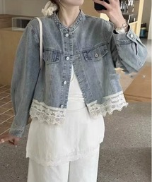 レースデザインノーカラーデニムジャケット