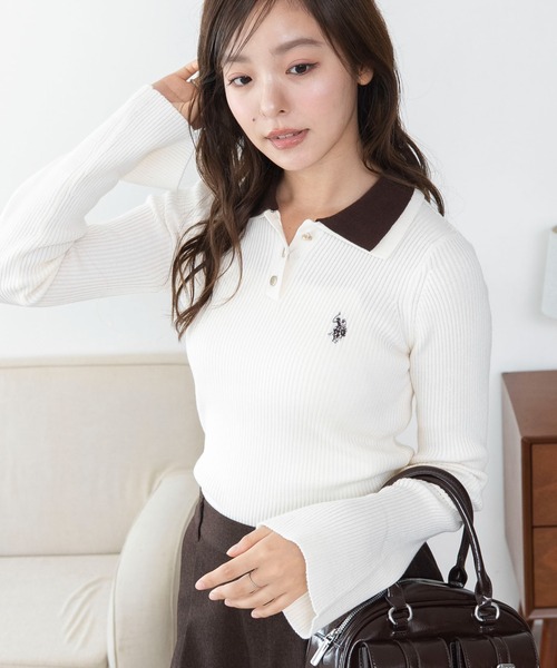U.S. POLO ASSN.(ユーエスポロアッスン)の「WEGO/【26年秋冬新作】U.S.POLO ASSN.2重衿フレアスリーブニット(ニット/セーター・レディース・ネイビー/アイボリー/杢グレー・LARGE/MEDIUM)」の2枚目の写真