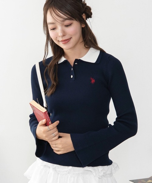 U.S. POLO ASSN.(ユーエスポロアッスン)の「WEGO/【26年秋冬新作】U.S.POLO ASSN.2重衿フレアスリーブニット(ニット/セーター・レディース・ネイビー/アイボリー/杢グレー・LARGE/MEDIUM)」の3枚目の写真