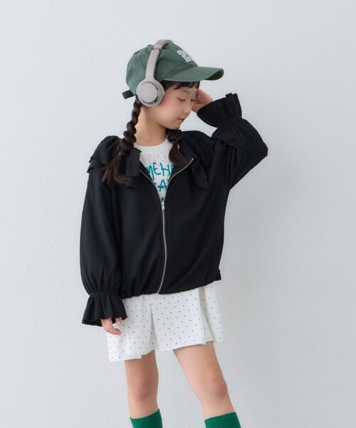 CIAOPANIC TYPY(チャオパニックティピー)の「【KIDS】前後2WAYラッフルフリルZIPカーデ(カーディガン/ボレロ・キッズ・ライトグレー/ブラック・150/110/130)」の6枚目の写真