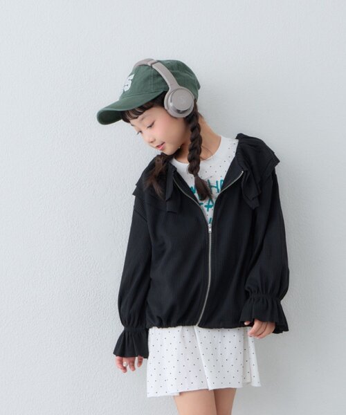 CIAOPANIC TYPY(チャオパニックティピー)の「【KIDS】前後2WAYラッフルフリルZIPカーデ(カーディガン/ボレロ・キッズ・ライトグレー/ブラック・150/110/130)」の9枚目の写真