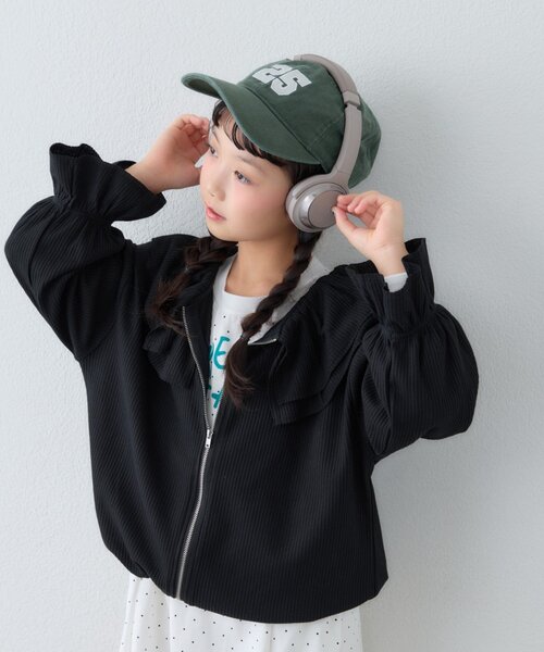 CIAOPANIC TYPY(チャオパニックティピー)の「【KIDS】前後2WAYラッフルフリルZIPカーデ(カーディガン/ボレロ・キッズ・ライトグレー/ブラック・150/110/130)」の10枚目の写真