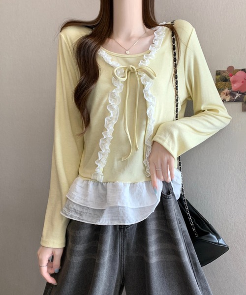 AMAJI(アマジ)の「フリル切替 リボン ショート丈 フェイクレイヤード長袖Tシャツ(Tシャツ/カットソー・レディース・ライトブルー/ブラウン/イエロー/ライトピンク・FREE)」の4枚目の写真