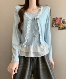 フリル切替 リボン ショート丈 フェイクレイヤード長袖Tシャツ